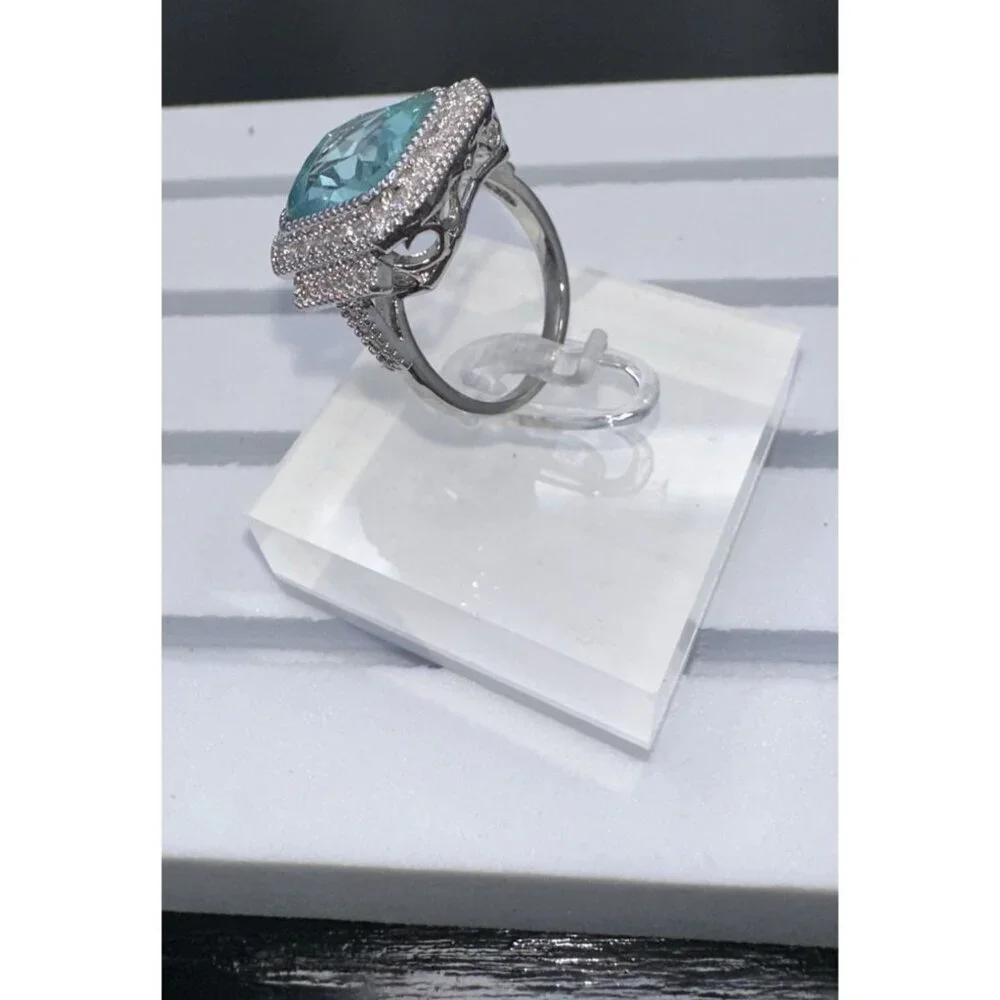 Aquamarine Cubic Zirconia White Crystal Ring Size 10